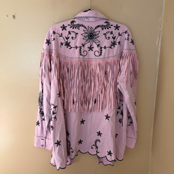 Free People Great Plains Fringe Denim Top Lilac Embroidered western shirt L - Picture 8 of 8